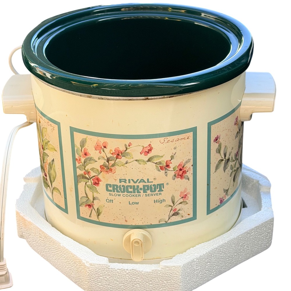 Rival Crock-Pot Slow Cooker 3.5 Quart Cream Green Stoneware Vintage Floral 3150